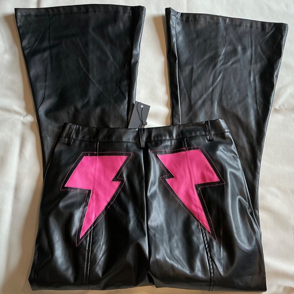 Nasty Gal 10 Faux Leather Bellbottom Flare Pants Lightening Bolt Bum Y2K Rock - Picture 3 of 9